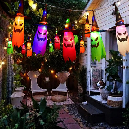 Halloween LED Glowing Ghost & Witch Hat Hanging Decorations – Set of 5 with LED String Lights for Outdoor Garden, Party & Porch Decor