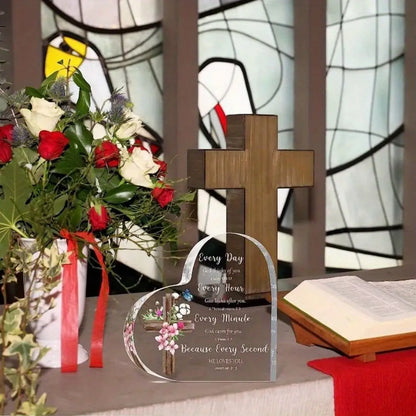 Heart-Shaped Bible Verse Acrylic Decor – Boho Cross & Floral Design, Desk & Home Decor, Gift for Mom