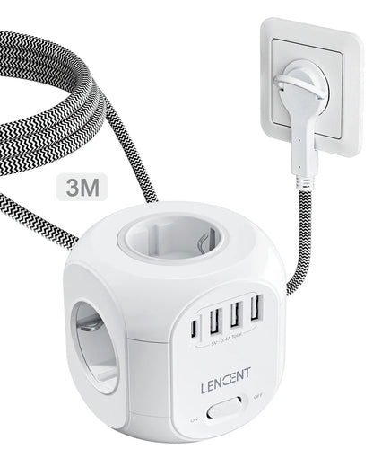 EU Plug Power Strip 4 AC Outlets, 3 USB Ports + 1 USB-C, 2m/3m Braided Cable Multi-Socket with Switch
