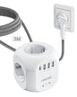 EU Plug Power Strip 4 AC Outlets, 3 USB Ports + 1 USB-C, 2m/3m Braided Cable Multi-Socket with Switch