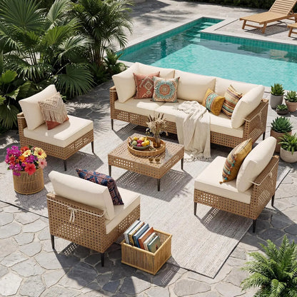7-Piece High-Leg Modular PE Wicker Outdoor Sectional Sofa Set - Rust-Proof Frame, 4" Seat Cushions, Machine-Washable Covers, Tempered Glass Table