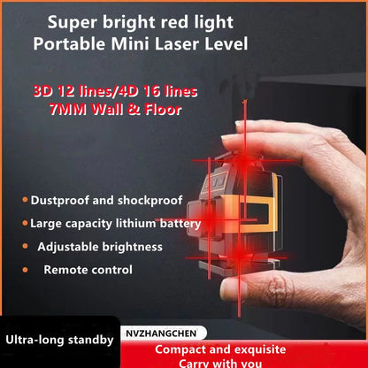 Mini 12/16-Line 3D/4D Self-Leveling Red Line Laser Level — 360° Horizontal & Vertical Cross, IP54, ±1mm/7m