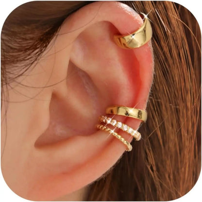 drperfect 4-Pair Ear Cuff Set - No Piercing, Adjustable Clip-On Cartilage Earrings, Brass, 14K Gold Plated or Silver, Hypoallergenic, Nickel-Free - 6 Styles