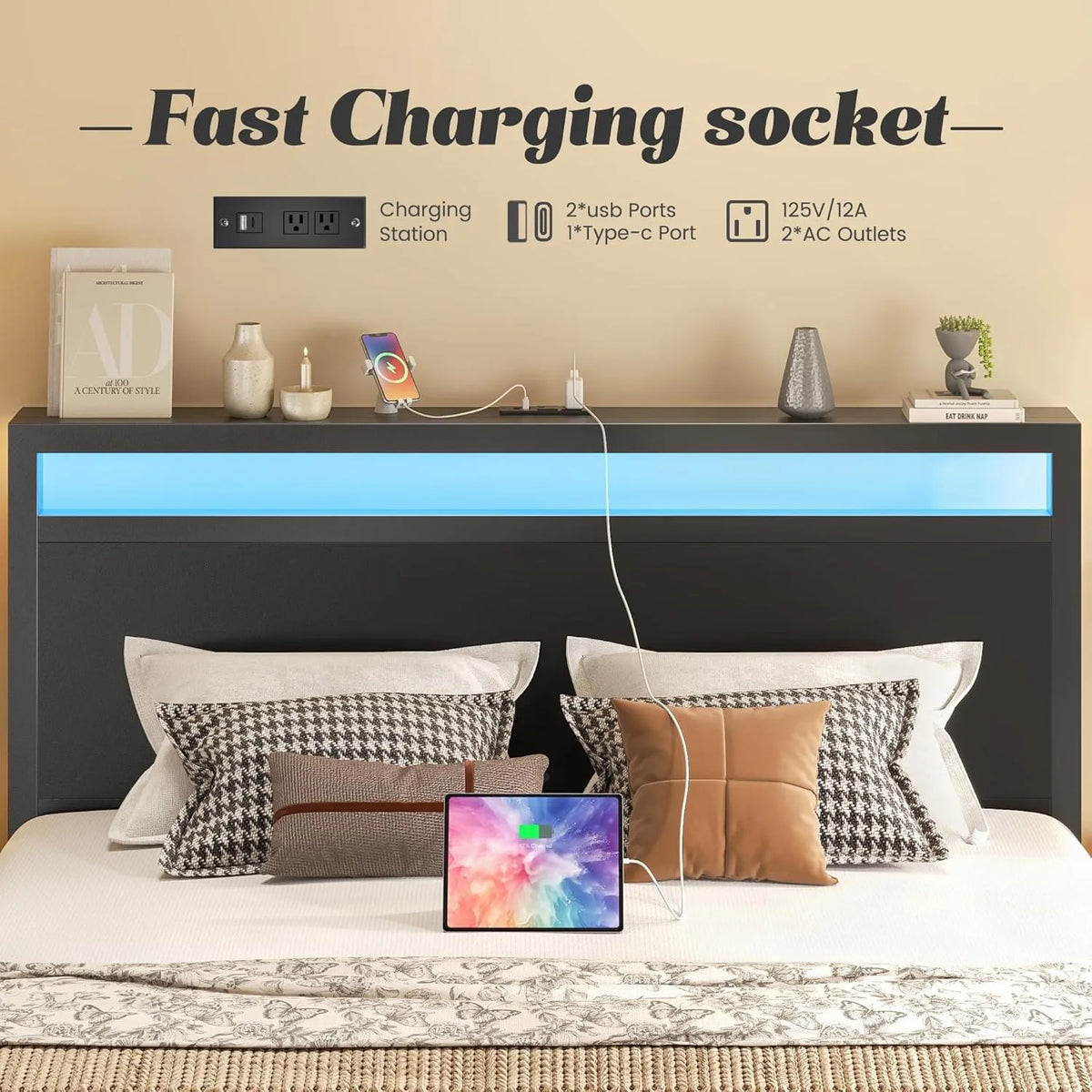 Fluest Queen Bed Frame with Headboard & Footboard, Bed Frame with Built-in Charging Station LED Light, Storage Shelf，Customized