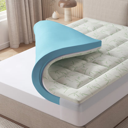 MCQ Dual Layer Gel Memory Foam Mattress Topper - 2" Cooling Gel Foam + Pillow Top, Pressure Relief, Twin / Full / Queen / King, Sky Blue