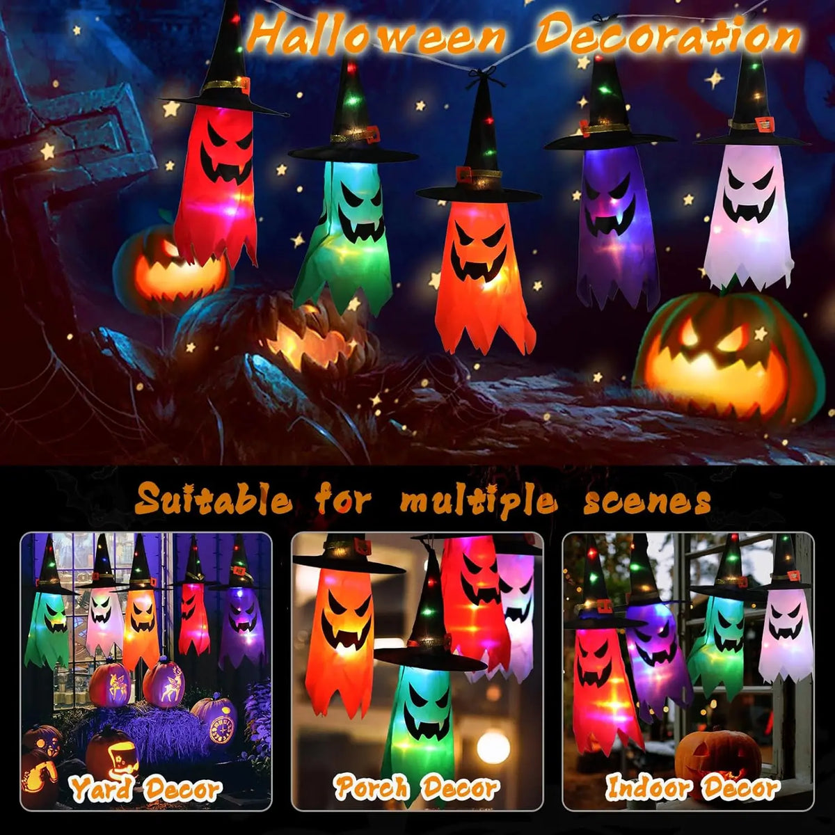 Halloween LED Glowing Ghost & Witch Hat Hanging Decorations – Set of 5 with LED String Lights for Outdoor Garden, Party & Porch Decor
