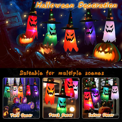 Halloween LED Glowing Ghost & Witch Hat Hanging Decorations – Set of 5 with LED String Lights for Outdoor Garden, Party & Porch Decor