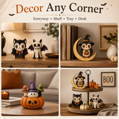 Halloween Hand-Painted Wooden Tabletop Figurines – Owl, Ghost, Pumpkin & Vampire Cat Characters for Shelf, Mantel & Party Decor – 4 Colors