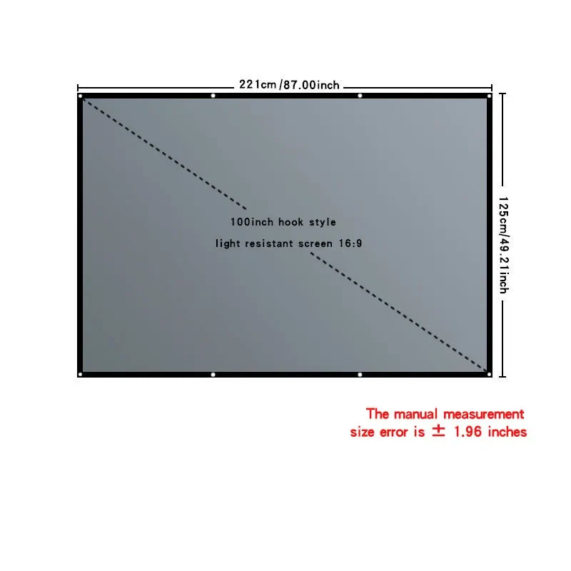 Home office business projector, portable movie screen, 60-133 inches, metal anti light screen hook for daytime viewing