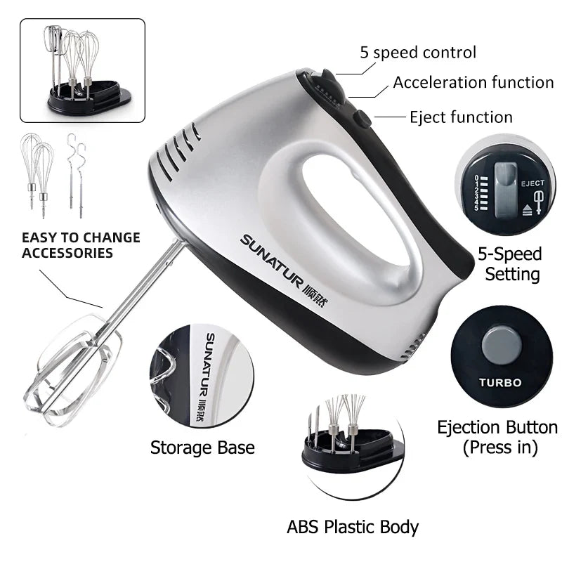SUNATUR Hand Mixer 110-240V Blender 300W Electric Food Processor 3 in 1 Mixer Kitchen Appliances Machine Mixer for Baking