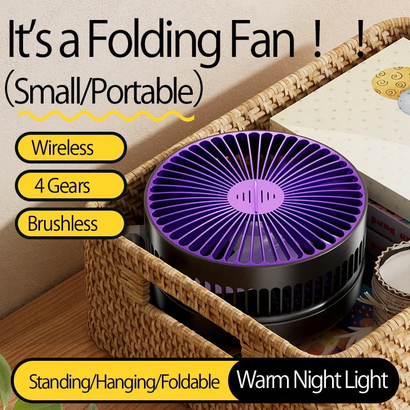 2024 New Style 5000mAh Small Portable Fan Rechargeable Wall Mounted Fan 90° Foldable Desktop Fan 4 Gears With Warm Night Light