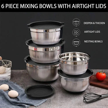 6-Piece Stainless Steel Mixing Bowls with Lids & Silicone Non-Slip Bases — Thickened Baking and Salad Bowls