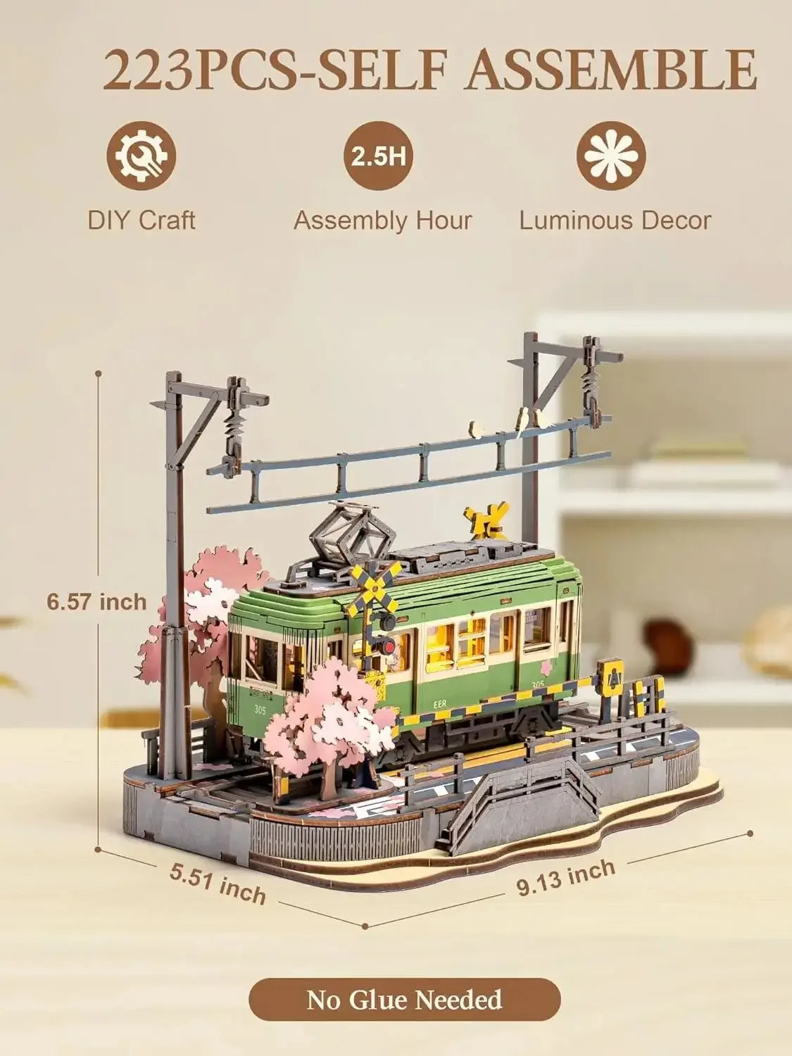 Robotime Sakura Journey Tram 3D Wooden Puzzle with LED Lights – 223-Piece Model Kit for Adults