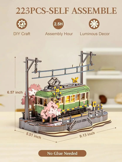 Robotime Sakura Journey Tram 3D Wooden Puzzle with LED Lights – 223-Piece Model Kit for Adults