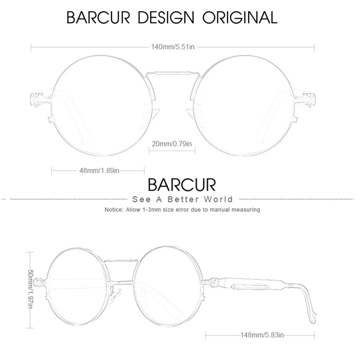BARCUR Polarized Round Steampunk Sunglasses Retro UV400 Metal Frame for Men Women