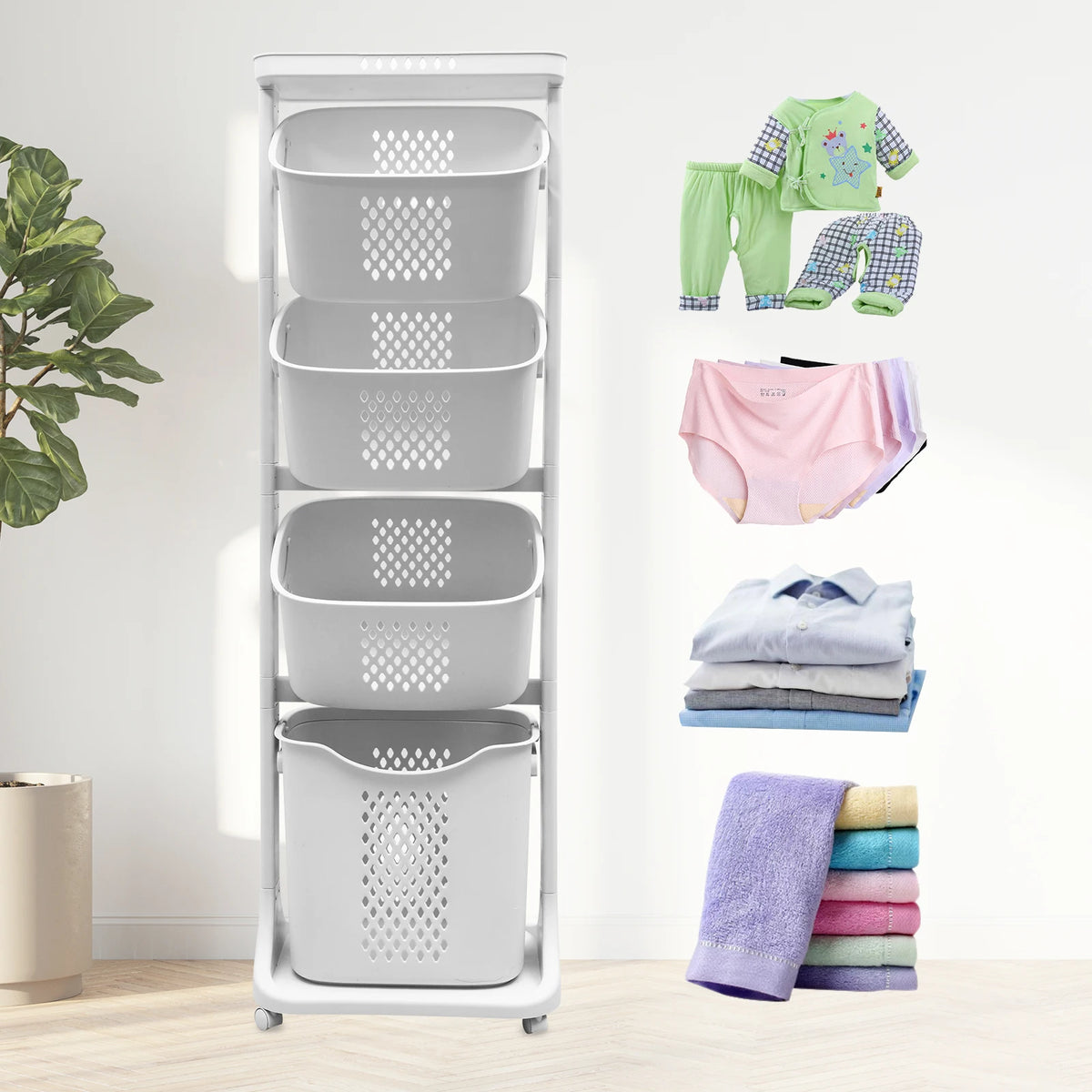 2/4 Tier Laundry Basket Cart Removable Storage Buckets Plastic Hamper with 4 Wheels White