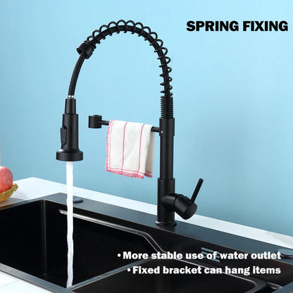 Pull-Down Spring Kitchen Faucet — Matte Black Brushed Stainless, 360° Swivel, Hot & Cold Mixer, Single-Handle Pull-Out