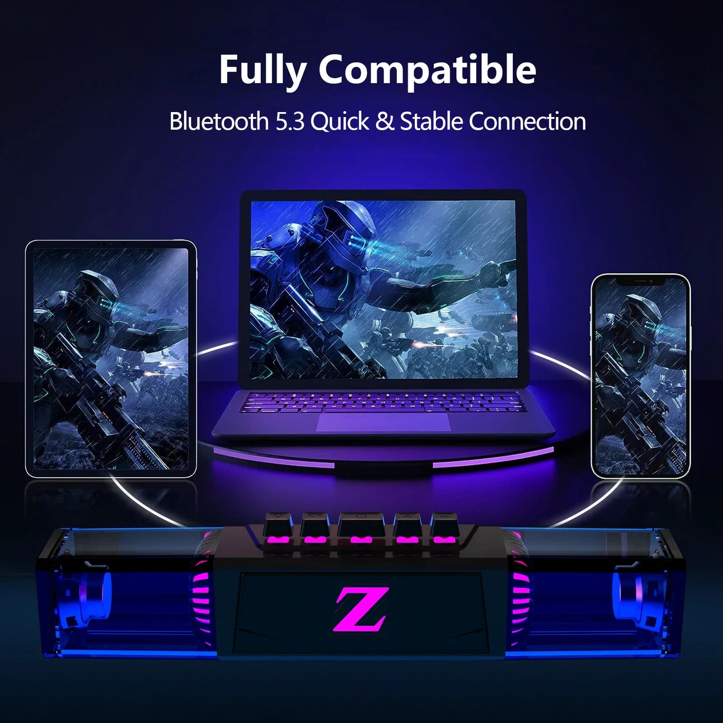 Computer speakers for desktop/laptop with Bluetooth/wired connectivity and dual-mode for gaming/music, featuring microphone.