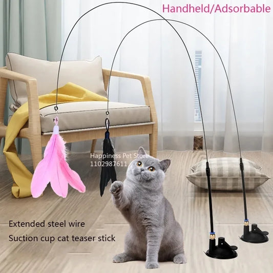 Interactive Cat Feather Teaser Wand with Bell, Extendable Rod, Suction Cup & Replaceable Feather Head