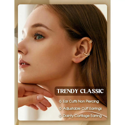 drperfect 4-Pair Ear Cuff Set - No Piercing, Adjustable Clip-On Cartilage Earrings, Brass, 14K Gold Plated or Silver, Hypoallergenic, Nickel-Free - 6 Styles