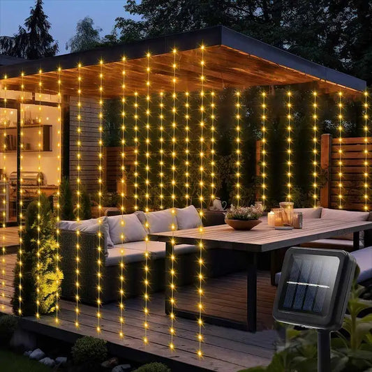 Solar-Powered Outdoor Waterproof Curtain String Lights - 300 LED Fairy Garland 9.8 x 9.8 ft (3 x 3 m) Warm White