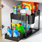 2-Tier Under-Sink Sliding Cabinet Organizer with Hooks and Hanging Cup - Bathroom & Kitchen Storage Rack