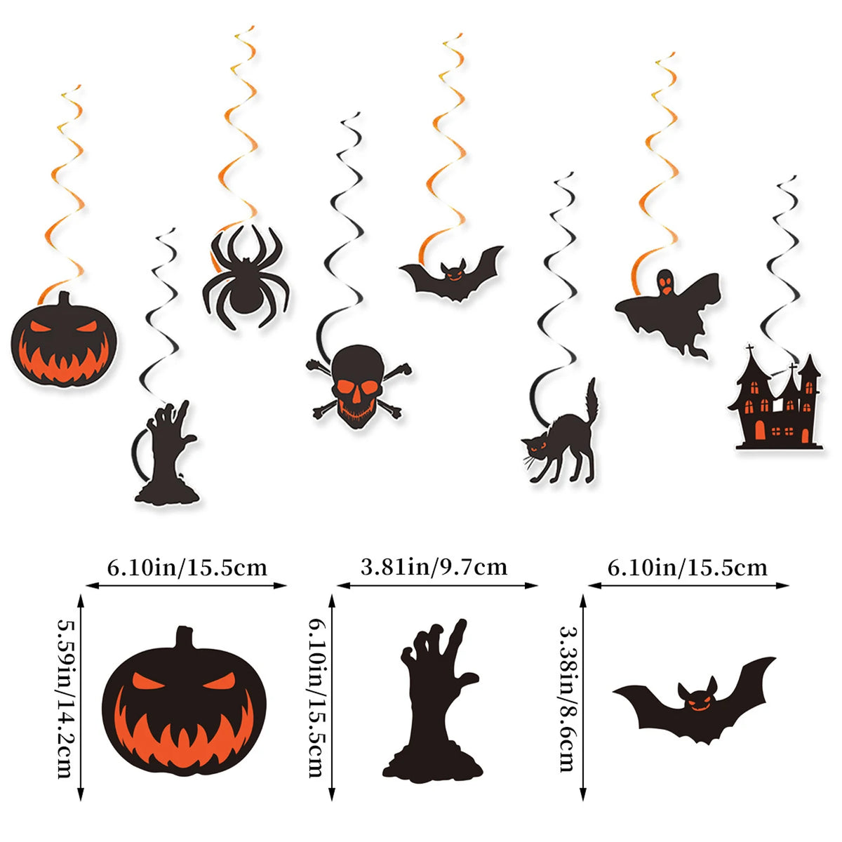 Halloween Hanging Swirl Ceiling Decorations Set – Pumpkin, Spider, Bat, Skull, Ghost & Black Cat Cutout Streamers for Party Decor