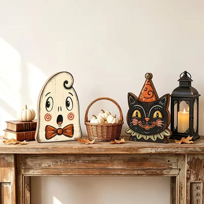 Wooden Halloween Shelf Decor Blocks, Vintage Seasonal Accent