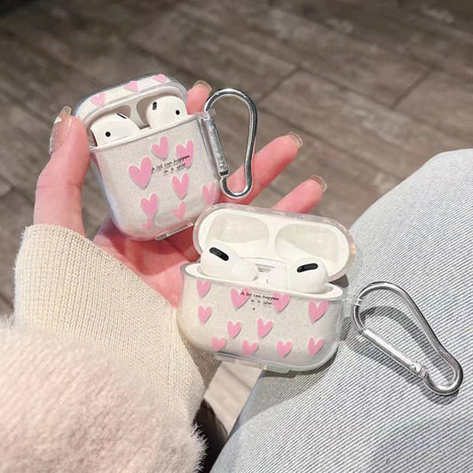 Glitter Heart Silicone Protective Case for Wireless Earbud Charging Case — Soft TPU Pink Cartoon Cover
