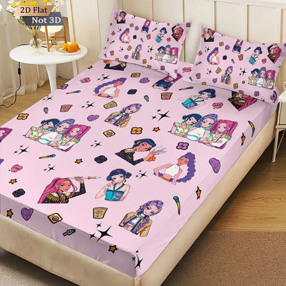 3-Piece K-Pop Demon Hunters Print Fitted Sheet Set – Multiple Sizes for Dorms & Bedrooms, Machine Washable