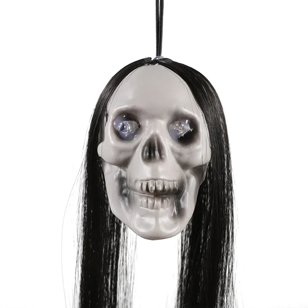 Hanging Ghost Skull Decoration with Long Hair and Glowing Eyes