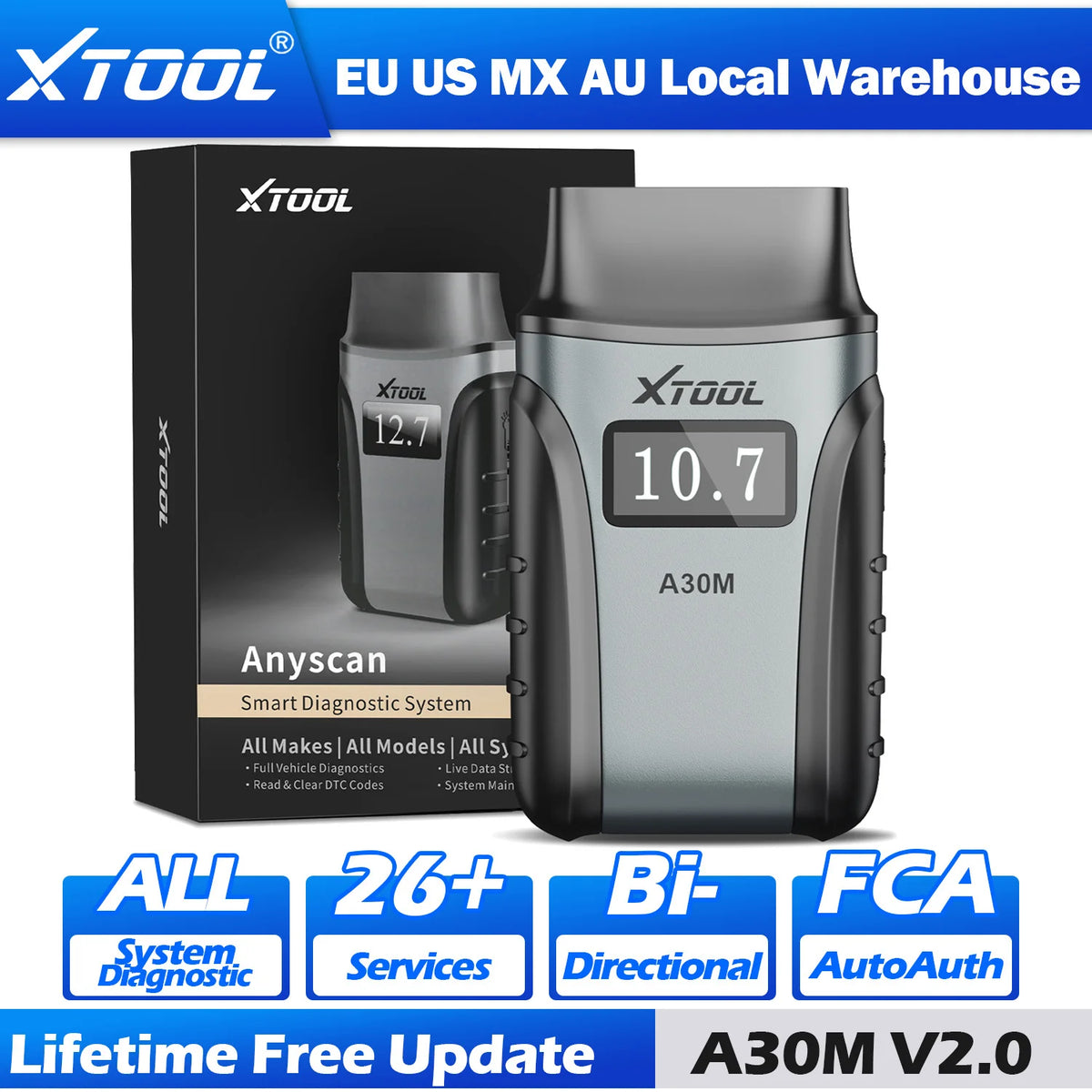 XTOOL A30M diagnostic tool with packaging on a white background