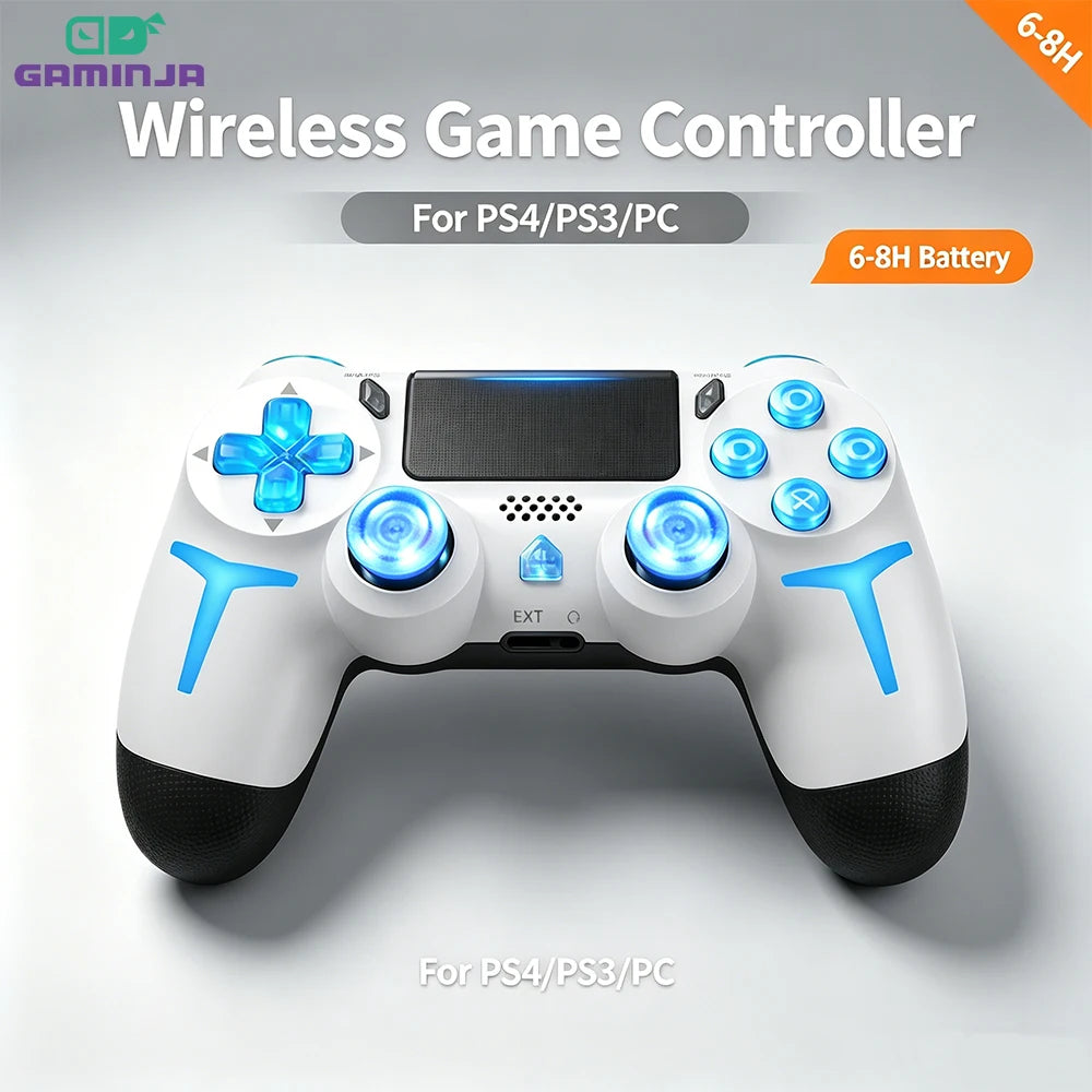 GAMINJA P412 Wireless Game Controller - PS4/PS3/PC, 6-Axis Gyro, Dual Vibration, Non-Linear Triggers, 600mAh, 6-8Hr Battery, Black/White