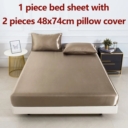 Satin Fitted Sheet Set 3-Piece (1 Fitted Sheet + 2 Pillowcases) Soft Breathable Solid Color Bedding