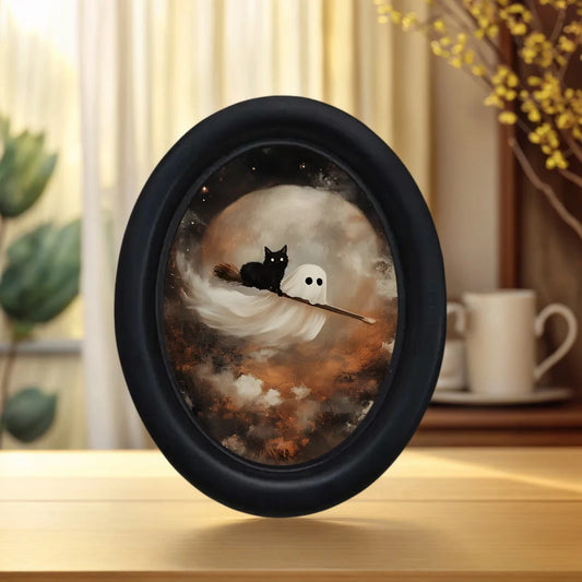1 Piece of Vintage Halloween Decoration Featuring a Little Ghost and a Black Cat Riding a Witch's Broom - Handmade Oval Wooden Wall Art (5.25* 4.16inch), Oval Decoration, Halloween, Christmas, Thanksgiving Victorian Room Dark