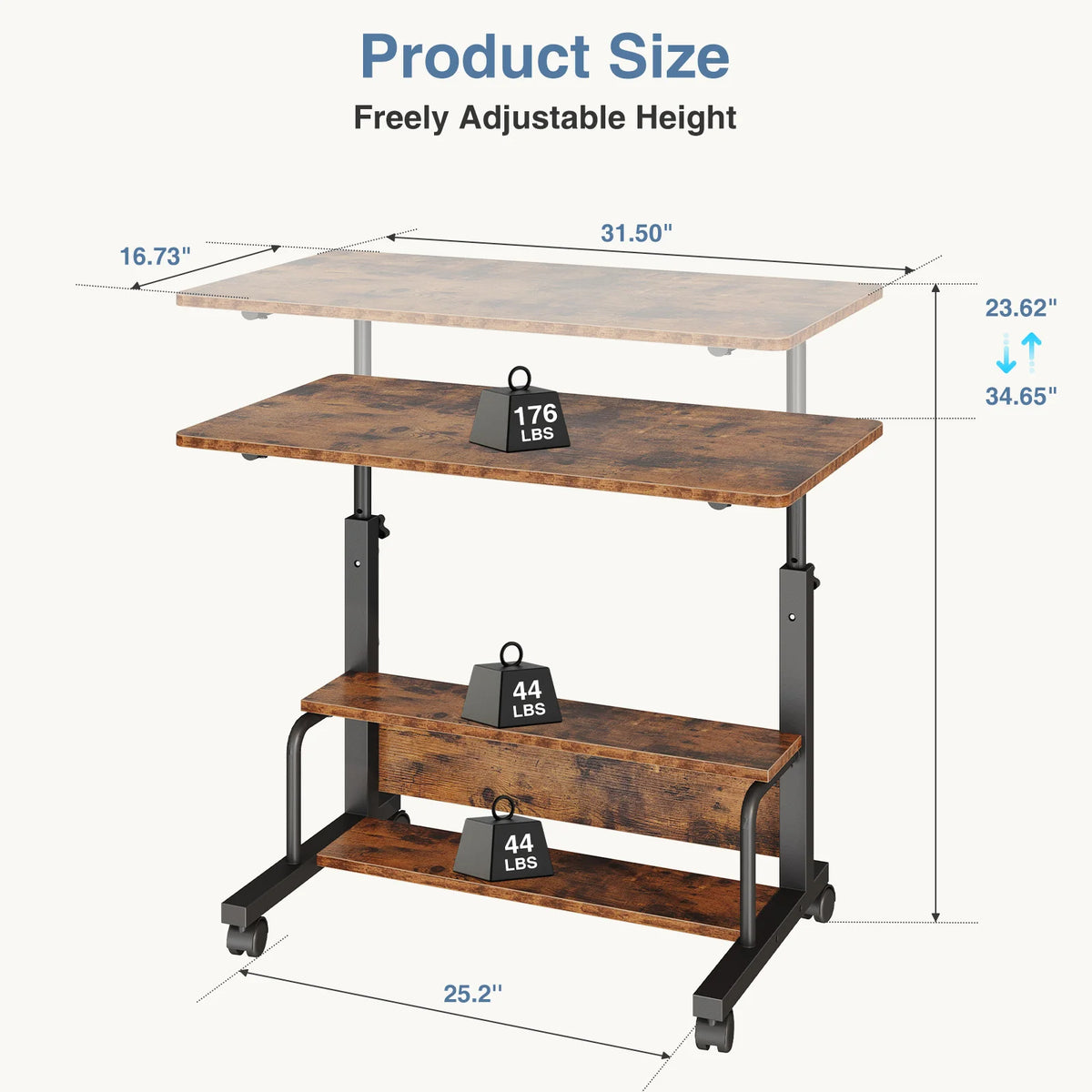 JHK 31.5" Mobile Standing Desk for Treadmill - 27.95"-43.70" Height Adjustable, Locking Wheels, 88 lbs, Pin-Lock, Chocolate/White/Black