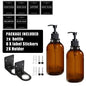 500ml (16.9 fl oz) Amber Refillable Pump Bottle Set with Black Label Stickers - Shampoo, Shower Gel & Liquid Soap Dispensers for Bathroom & Kitchen