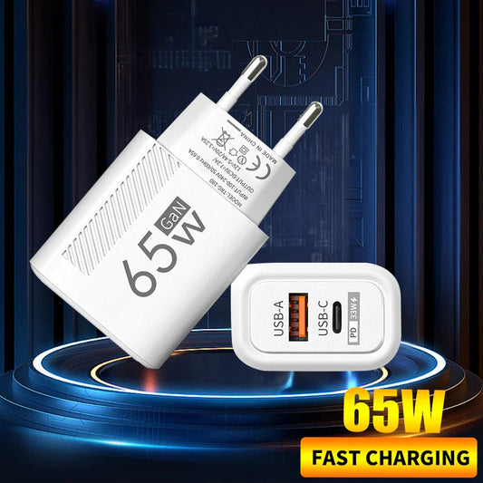 65W GaN 2-Port USB-C PD & QC3.0 Fast Charger - USB-A + USB-C Wall Adapter, EU/US Plug for Smartphones