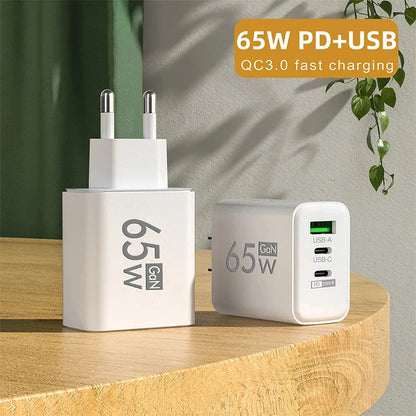 GaN 65W Fast USB-C PD Charger 2x USB-C + USB-A Quick Charge Wall Adapter EU/KR Plug