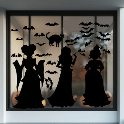 Halloween Witch Silhouette Window Clings - Extra Large 23x16" Double-Sided PVC Hocus-Pocus Witch, Bat & Black Cat Wall Stickers - Set of 3