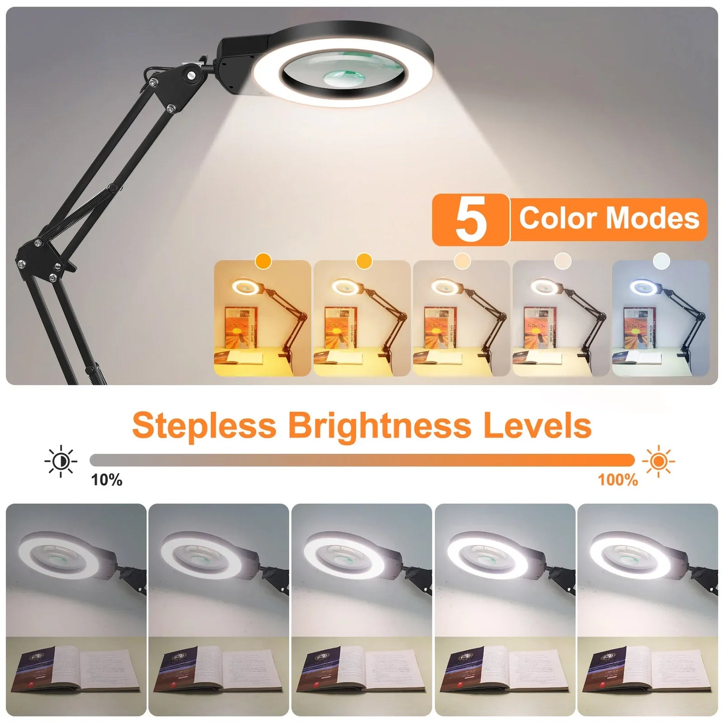 Adjustable 5X/10X Magnifying Lamp with 110mm (4.3 in) Lens - Touch 5-Color LED, 10-Level Dimming, Long Swing Arm Clamp Light for Reading, Jewelry & Soldering