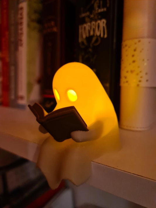 Reading Ghost Halloween Shelf Decor with Flickering Light