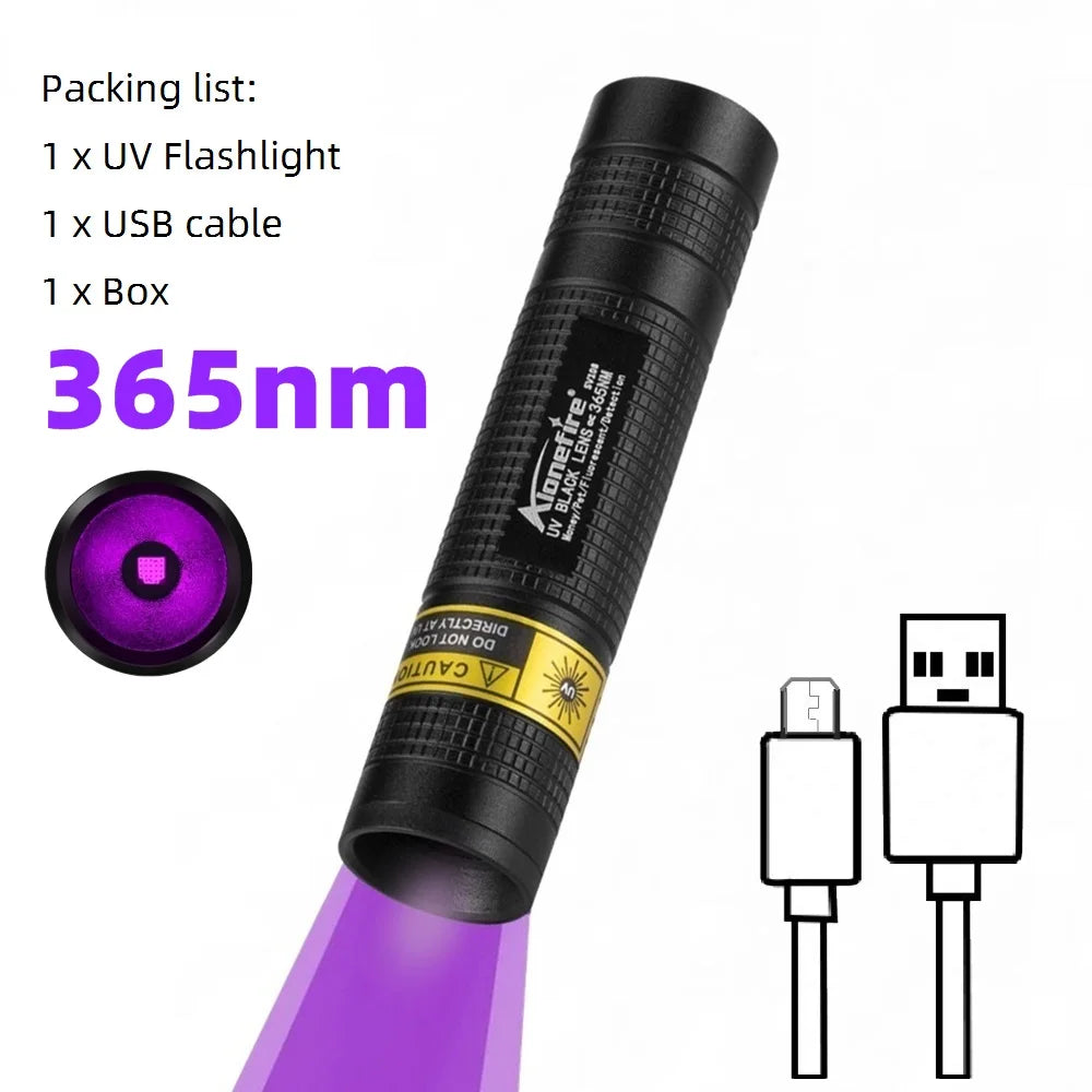 365nm UV LED Blacklight Flashlight — USB Rechargeable, Nail Curing & Pet Stain