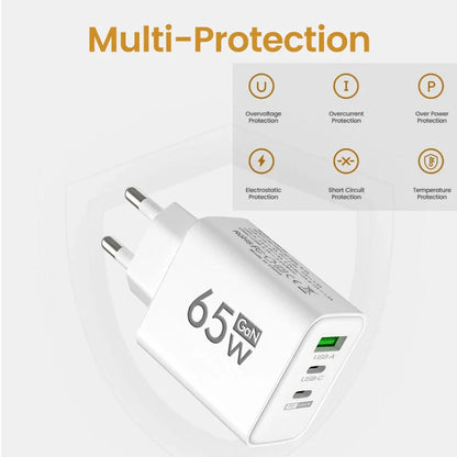 65W GaN USB-C PD Fast Charger — 3-Port USB-A/USB-C QC3.0 Power Adapter