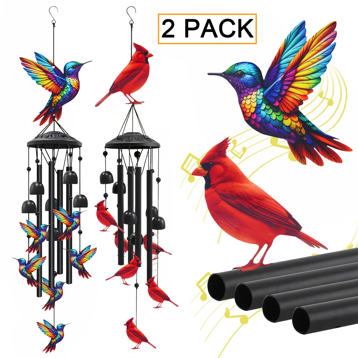 Hummingbird & Cardinal Metal Wind Chimes – Colorful Outdoor Garden Decor, ~37" with Aluminum Tubes & Bells