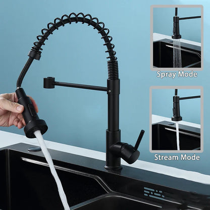 Pull-Down Spring Kitchen Faucet — Matte Black Brushed Stainless, 360° Swivel, Hot & Cold Mixer, Single-Handle Pull-Out