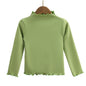 Girls Turtleneck Long Sleeve Lettuce-Edge Knit Tee – Solid Color Autumn Winter Top