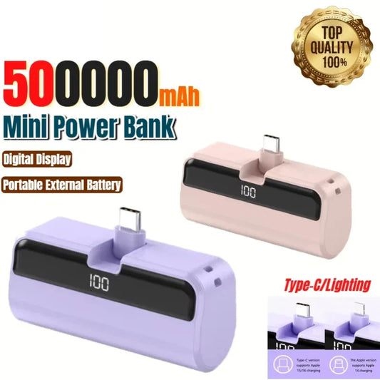 50000mAh Mini Capsule Power Bank – Portable Wireless Fast Charging with Digital Display, USB-A / USB-C / Lightning