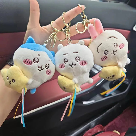 Hachiware Usagi Plush Keychain – Star Hugging Doll Pendant, Soft Hanging Plush Charm for Bags & Backpacks (Bead Chain or Metal Buckle)