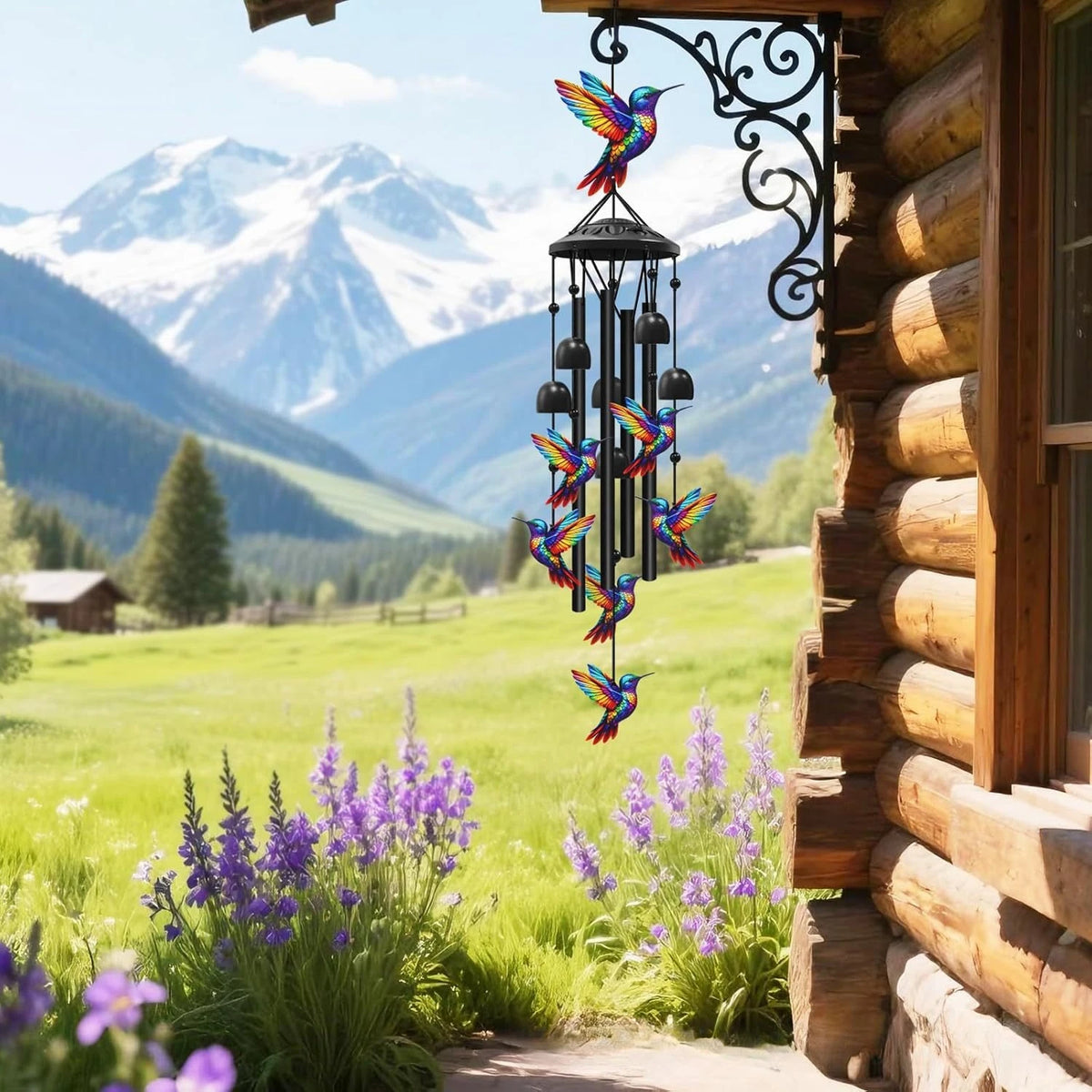 Hummingbird & Cardinal Metal Wind Chimes – Colorful Outdoor Garden Decor, ~37" with Aluminum Tubes & Bells